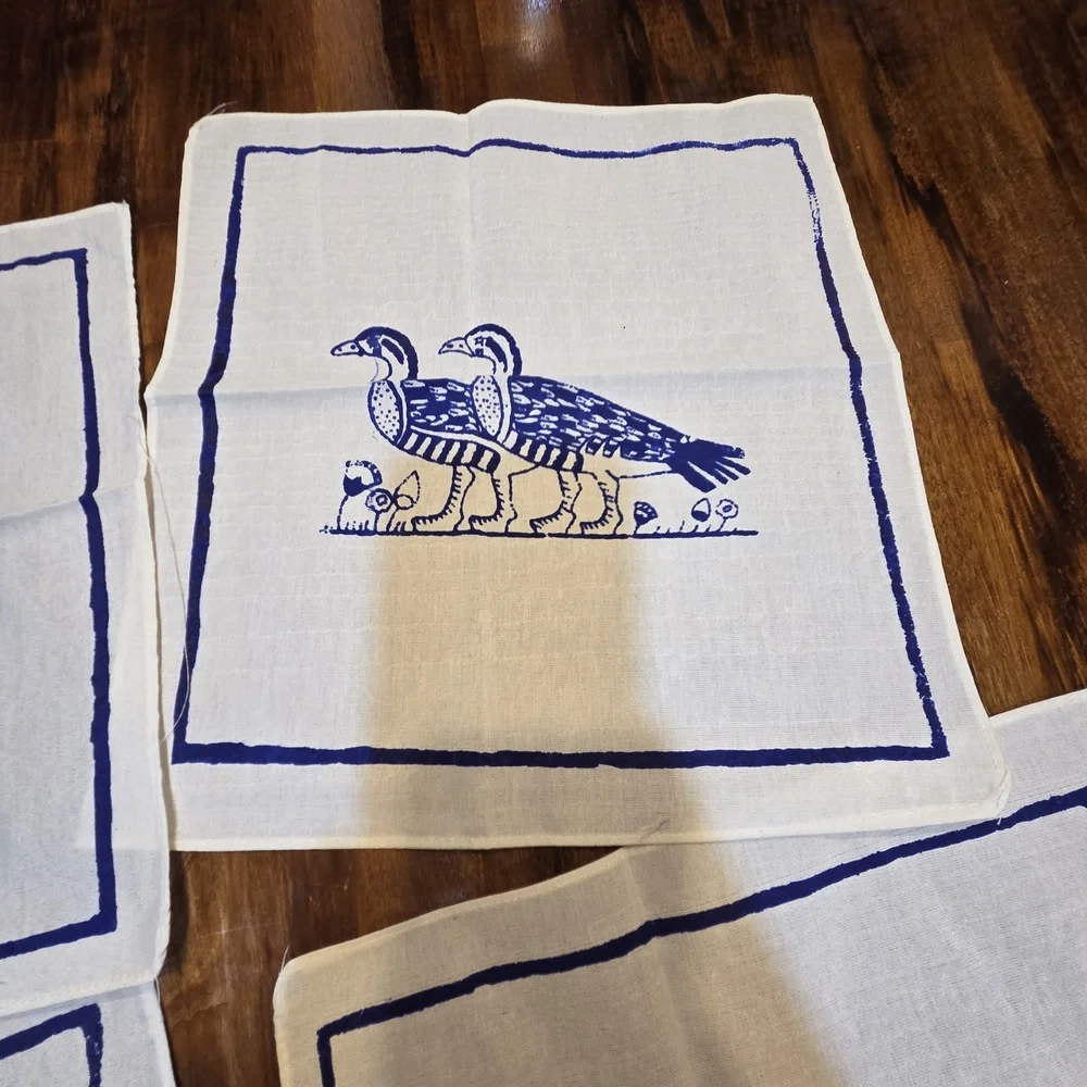 6 Vintage Printed Blue Loons/Ducks White 12” x 11”Napkins Cottege Core Costal